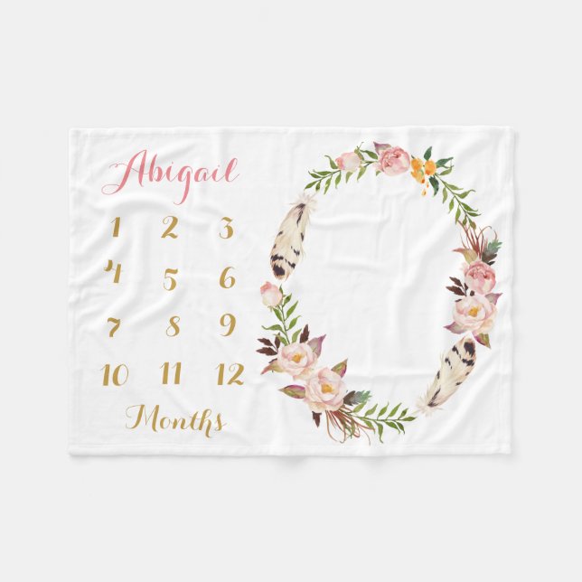 Boho Baby Girl Milestone Monthly Baby Blanket (Front (Horizontal))