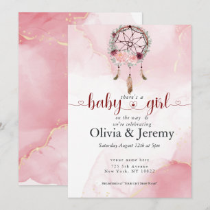 BOHO Baby Girl Pink Dream Catcher Watercolor Wash Invitation
