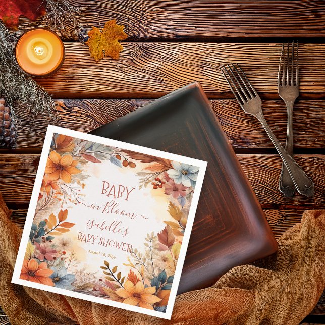 Boho Baby in Bloom Fall Floral Frame Baby Shower Napkin (Boho Baby in Bloom Fall | Autumn Floral Frame Baby Shower Napkins)