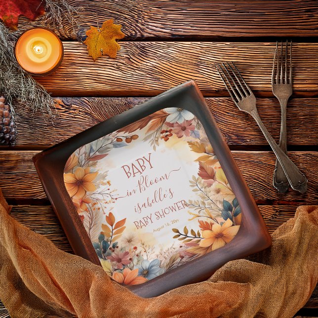 Boho Baby in Bloom Fall Floral Frame Baby Shower Paper Plate (Boho Baby in Bloom Fall | Autumn Floral Frame Baby Shower Square Paper Plates)