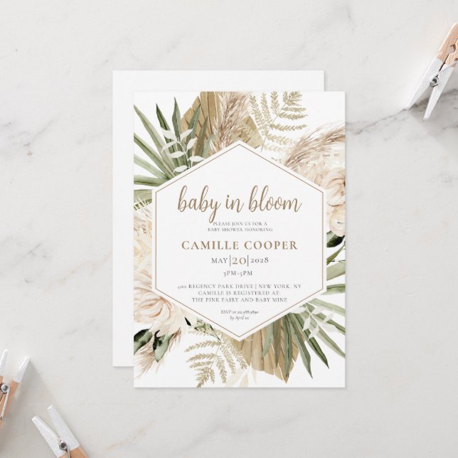 Boho Baby In Bloom Pampas Grass Invitation (Front/Back In Situ)