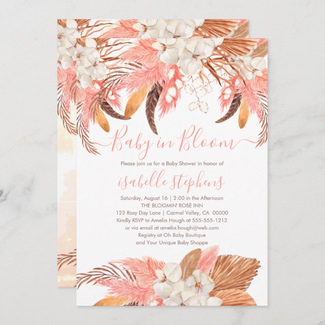 Boho Baby in Bloom Pink Pampas Grass Baby Shower I Invitation (Front/Back)