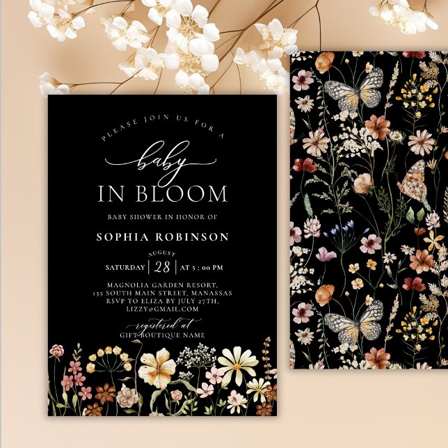 Boho Baby in Bloom Wildflower Black Baby Shower  Invitation (Creator Uploaded)