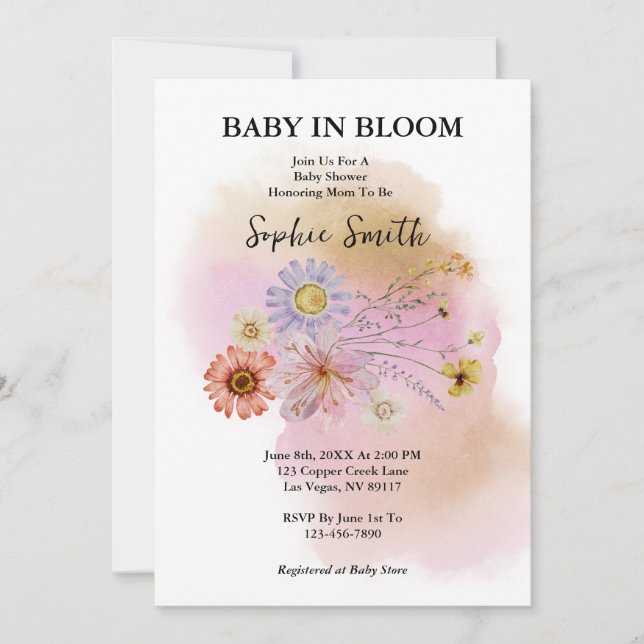 Boho Baby In bloom Wildflower Watercolor Invitation (Front)