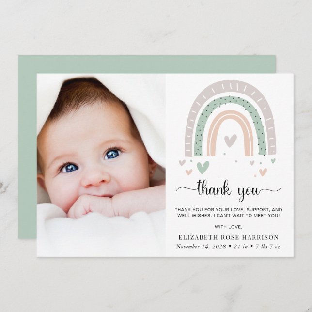 Boho Baby Photo Thank You Birth Announcement (Front/Back)