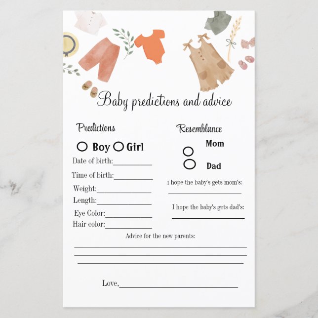 Boho Baby  predictions and advice baby shower game (Front)