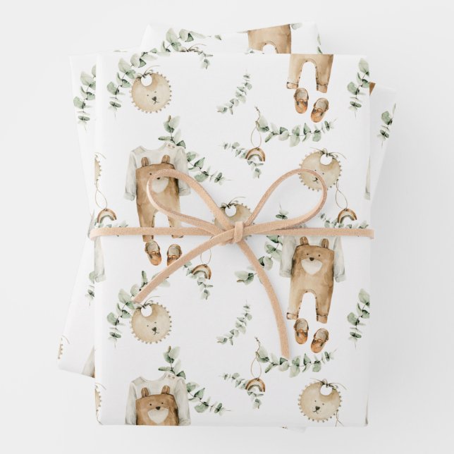 Boho Baby Rainbows Bibs Botanical Greenery Pattern Wrapping Paper Sheet (In situ)