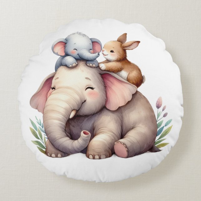 Boho Baby Room Decor | Elephant and baby bunny |  Round Cushion (Front)