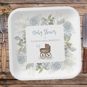 Boho Baby Shower Botanical Floral Vintage Carriage Paper Plate