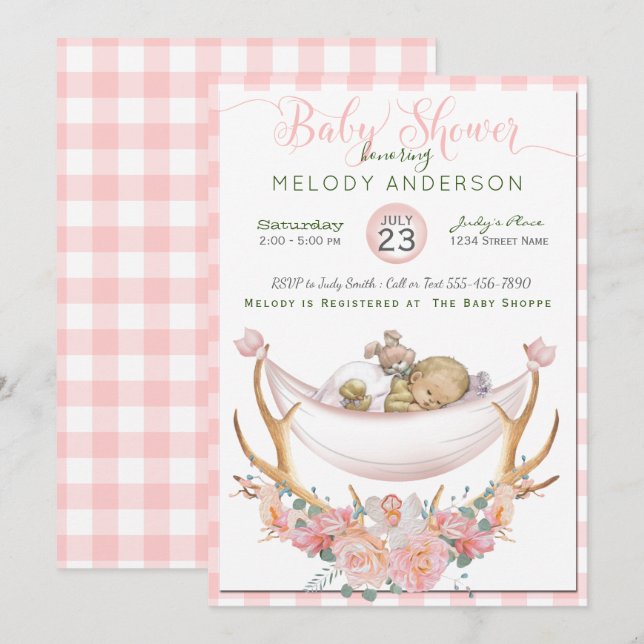 BOHO Baby Shower Coral  Hammock Antlers Floral Invitation (Front/Back)