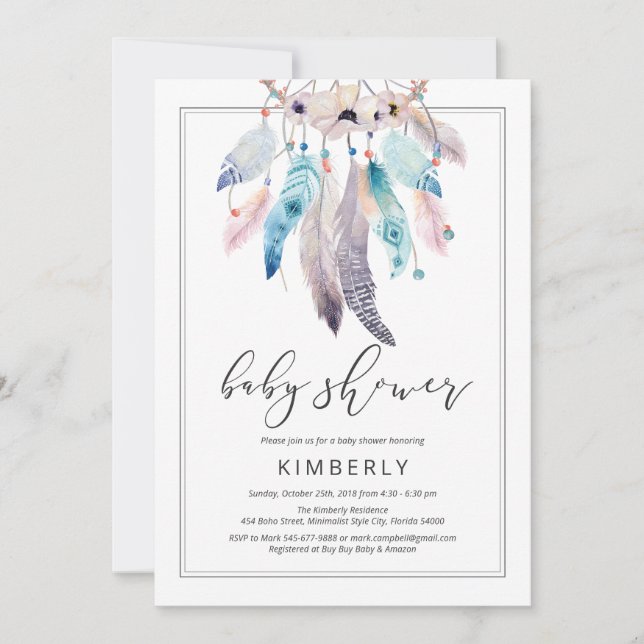 Boho Baby Shower Dreamcatcher Floral Tribal Invitation (Front)