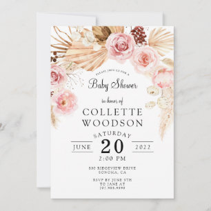 Boho Baby Shower Floral Blush Pink Cream Invitation