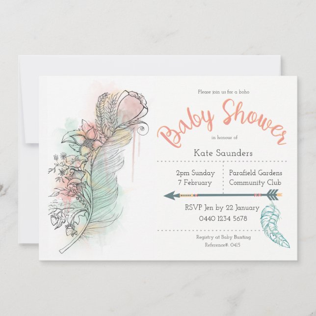 Boho baby shower floral feather hand drawn invites (Front)