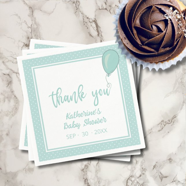BOHO Baby Shower Gender Neutral Mint Green Napkin (Baby Shower gender-neutral mint green thank you cocktail napkin, with balloon, polka dot, name, date)
