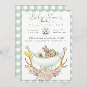 BOHO Baby Shower Green Hammock Antler with Roses Invitation