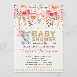 Boho Baby Shower Invitation Pink Gold Elephant