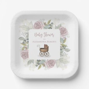 Boho Baby Shower Pink Botanical Floral Vintage Paper Plate
