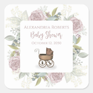 Boho Baby Shower Pink Botanical Floral Vintage  Square Sticker