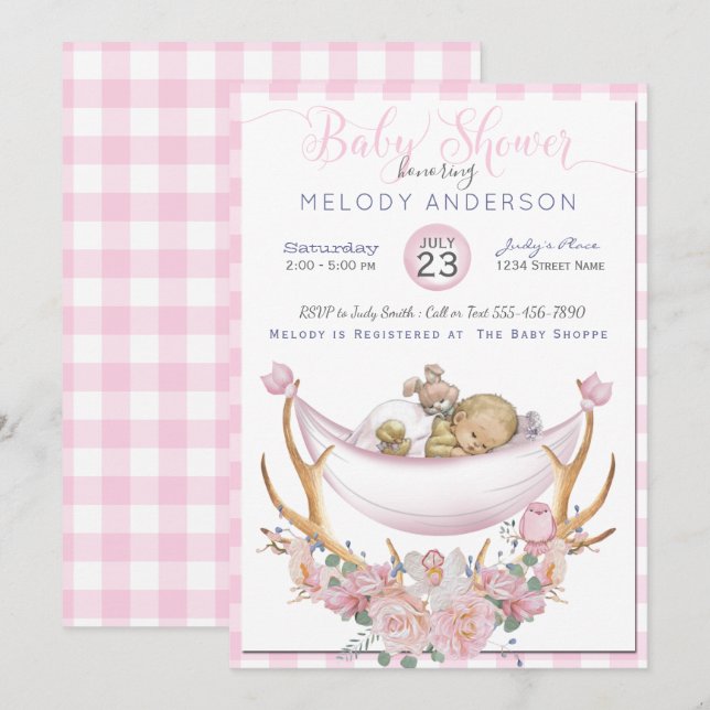 BOHO Baby Shower Pink Hammock Antlers Floral Invitation (Front/Back)