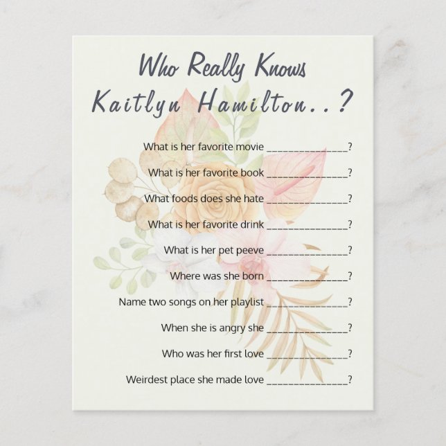 Boho Baby Shower Question Game New Mother Humour (Front)