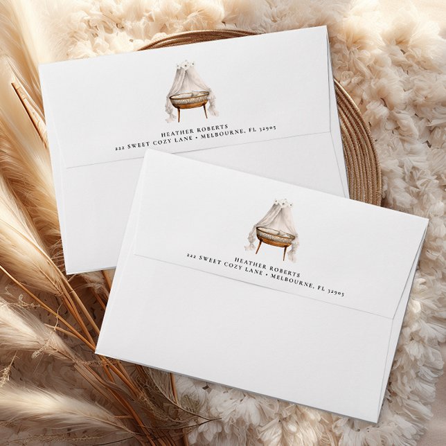 Boho Baby Shower Return Address Envelope – Neutral (Nursery Bassinet Self Addressed Envelope)