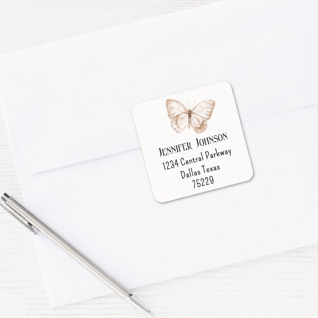 Boho Baby Shower Sepia Butterfly Return Address Square Sticker (Creator Uploaded)
