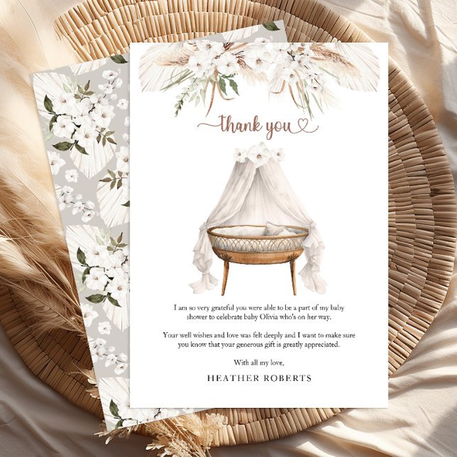 Boho Baby Shower Thank You Card Pampas Floral (Baby Shower Thank You Card)