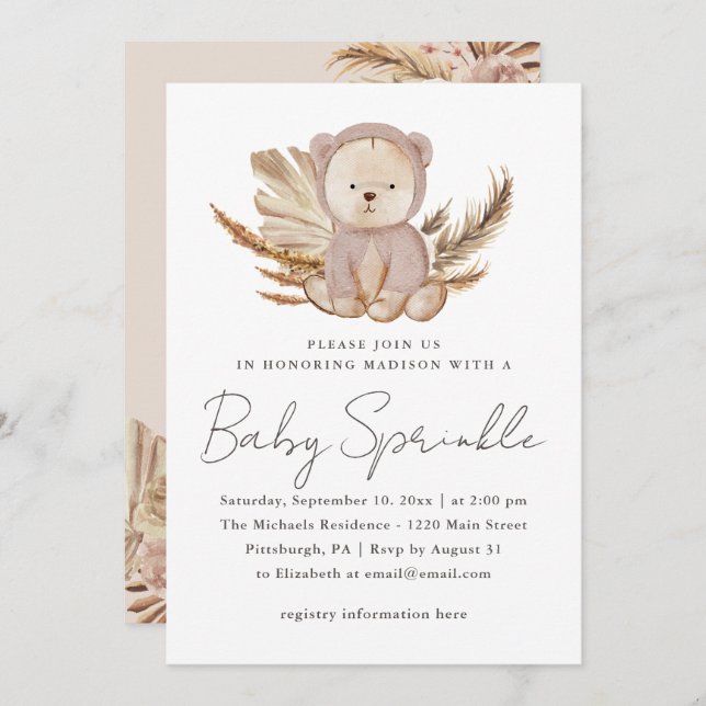 Boho Baby Sprinkle Invitation with Sweet Bear (Front/Back)