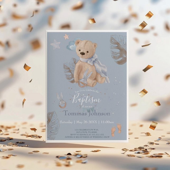 Boho baby teddy bear Baptism Invitation (Creator Uploaded)