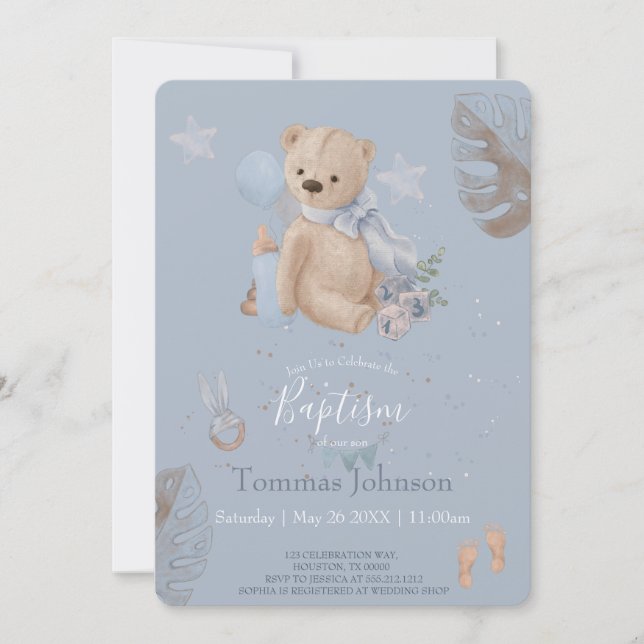 Boho baby teddy bear Baptism Invitation (Front)