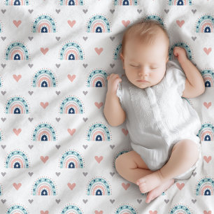 Boho Baby Throw Pastel Pink Navy Rainbow Style Fleece Blanket