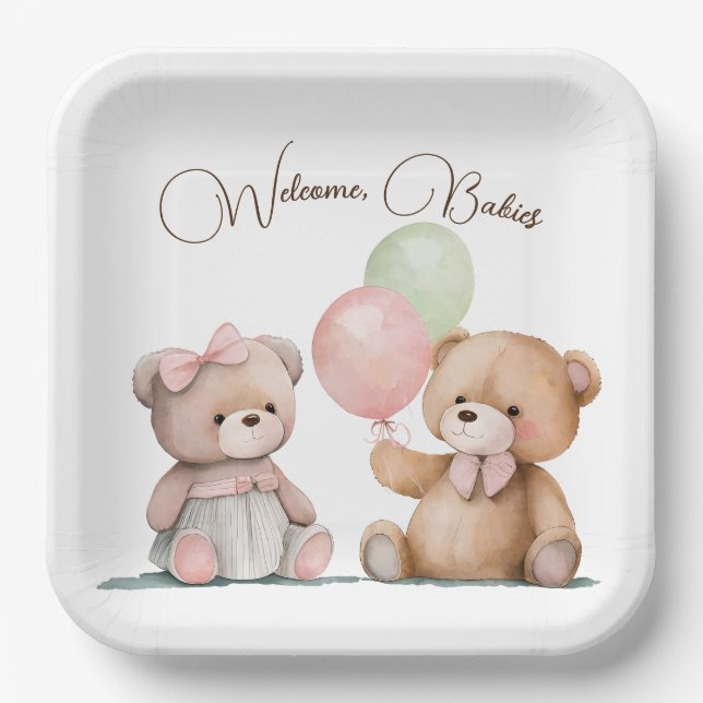 Boho Baby Twin Teddy Bears  Paper Plate (Front)