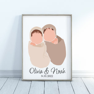 Boho Baby Twins Girl&Boy Name Nursery  Poster
