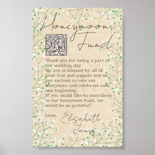   Boho Baby's Breath Flowers Rustic Honeymoon Fund Poster (Front)
