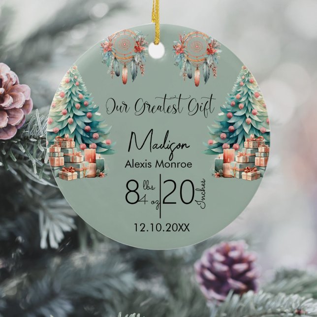 Boho Baby's First Christmas Birth Stat Ceramic Tree Decoration (Creator Uploaded)