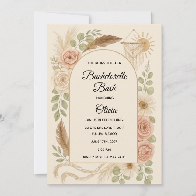 Boho Bachelorette Bash Invitation | Neutral Floral (Front)