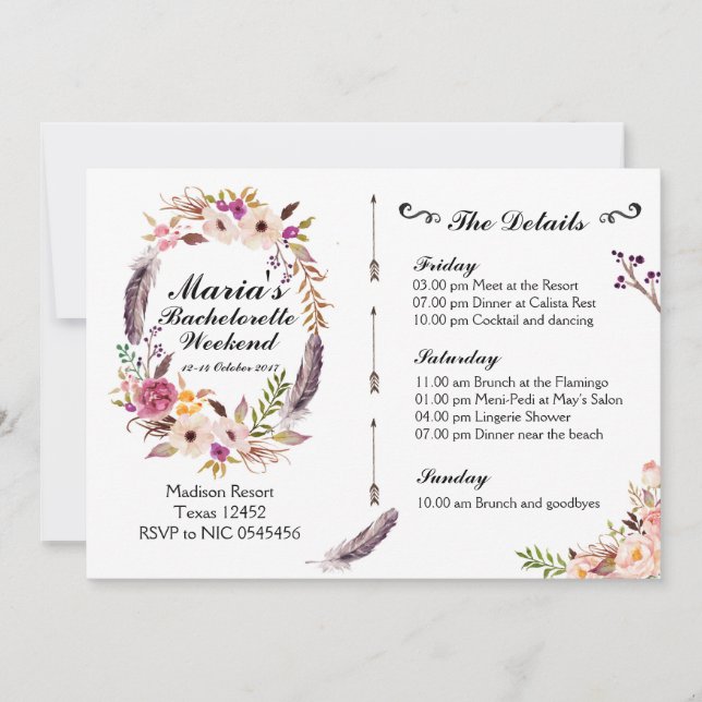 Boho Bachelorette Weekend Itinerary Invitation (Front)