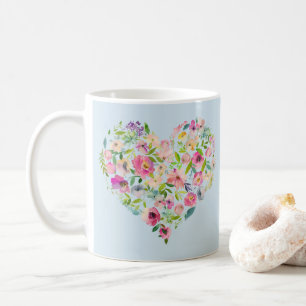 Boho Bailee   Blue Pastel Floral Heart Initial Coffee Mug