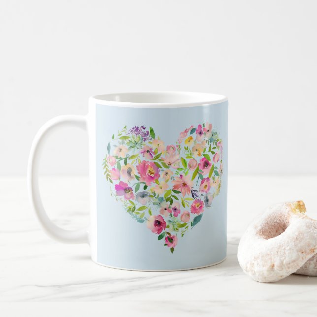 Boho Bailee | Blue Pastel Floral Heart Initial Coffee Mug (With Donut)