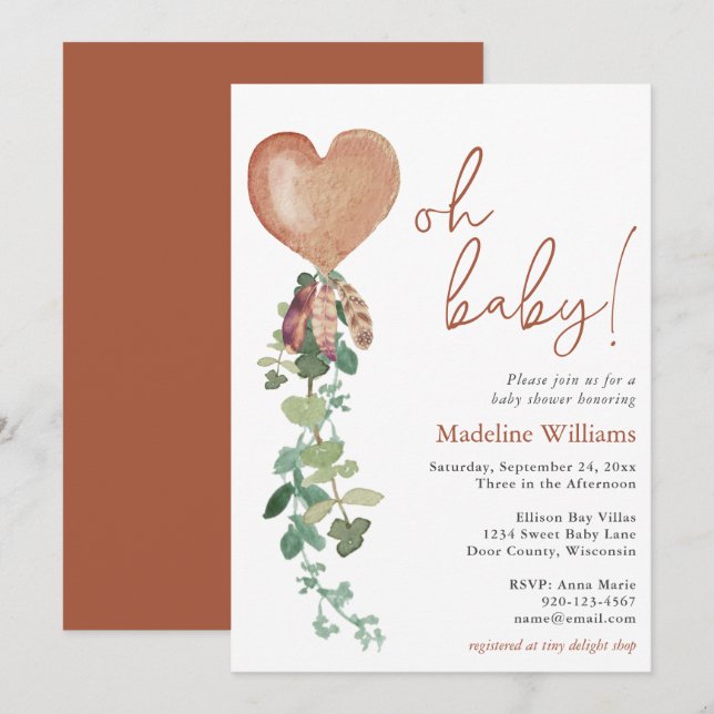 Boho Balloon Greenery Terracotta Baby Shower Invitation (Front/Back)