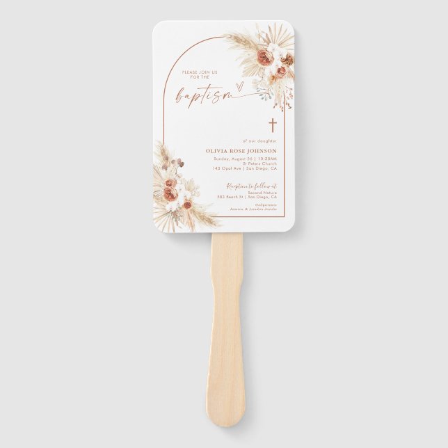 Boho Baptism Hand Fan, Pampas Grass Christening Hand Fan (Front)