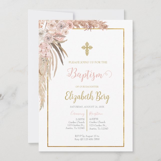 Boho baptism invitation for girl (Front)
