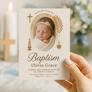 Boho Baptism Invitation with Photo and  Symbols