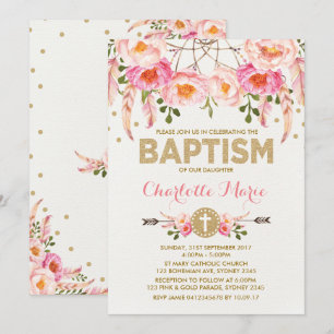 Boho Baptism Invite Pink Gold Floral Dreamcatcher
