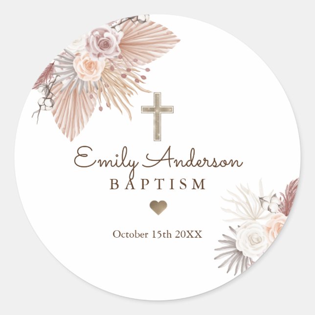Boho Baptism Pampas Grass Christening Favour Classic Round Sticker (Front)