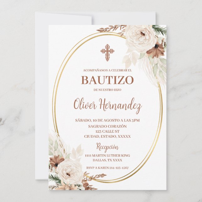 Boho Baptism Spanish Invitation (Front)