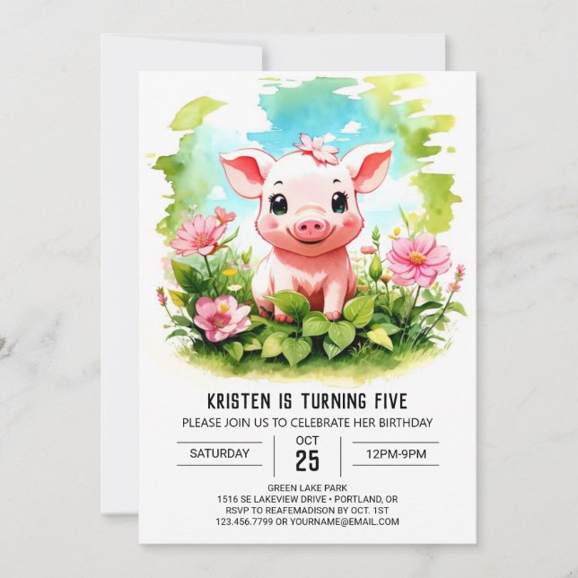 Boho Barnyard Adventures Piglet Girl Birthday Invitation (Front)