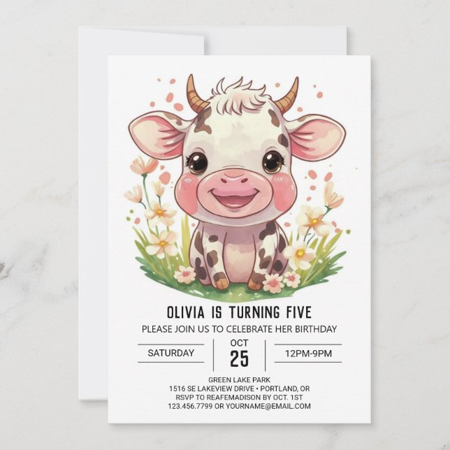 Boho Barnyard Pink Cow Birthday Invitation (Front)