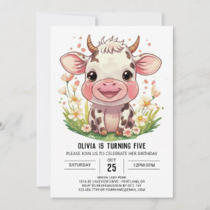 Boho Barnyard Pink Cow Birthday Invitation