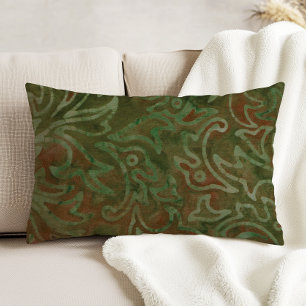 Boho Batik Green and Rust Foliage Pattern Decorative Cushion